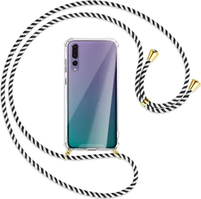 Produktbild von Handykette Backcover-Schutzhülle mit Band (Metall goldfarben) für Huawei P20 Pro - schwarz/weiß gestreift