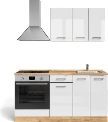 A modern white high-gloss kitchen unit with a silver extractor hood above.