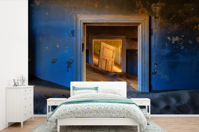 Produktbild von MuchoWow® Fototapete für Wohnzimmer oder Schlafzimmer Wandtapete Vinyl Motivtapete Sand - Blau - Tür - Architektur - 600x400 cm - Vinyltapeten