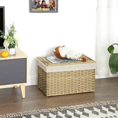 Image de Panier à linge de 60 litres en polyrotin avec couvercle et sac en coton