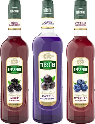 Produktbild von Sirup mit schwarzer Frucht Teiseire - Blackberry, Black Johannas, Blaubeer - 2x70cl und 1x1l