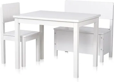 Produktbild von Kinder-Möbel-Set mit Tisch, Bank & Stuhl weiß Landhaus, pflegeleicht | pflegeleichte Oberfläche, robust, kindgerechte Höhe 66x51x50 cm, Kinderzimmer, für Esszimmer und Wohnbereich