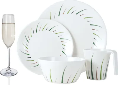Produktbild von Melamin Camping Geschirr Set 4 Personen Limon Design 16 Teilig + 4 Champgner Gläser Flûtes Tafelgeschirr Picknick BBQ Kochgeschirr