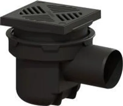 A black drain trap with a square grate on top and a side outlet pipe.