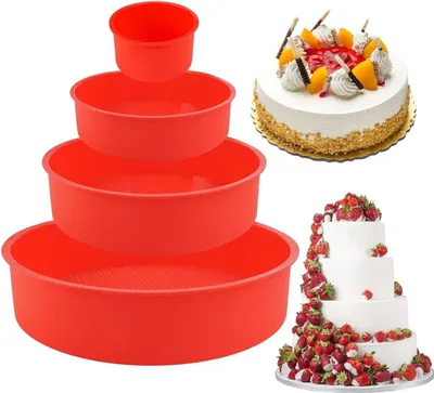 Produktbild von 4-teiliges Silikonbackformset - Runde Antihaftformen - Backformen von 10, 15, 20 und 25 cm - Backformen für Käsekuchen, Regenbogenkuchen und Chiffonkuchen - Rot