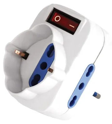 Produktbild von Alcapower Schwenkbarer 16A Adapter mit beleuchtetem Schalter, 1 Schuko-Bipasso und 2 Bipasso-Steckdosen 10/16A, Weiß - Standardmodell