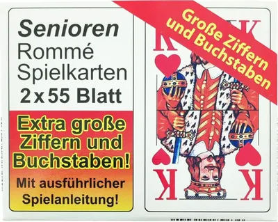The image shows the packaging of a deck of playing cards for seniors, with a king card visible on the right side.