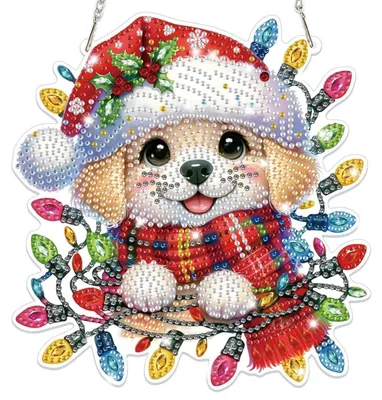 Produktbild von Diamond Painting Anhänger Hund Weihnachten Fensterbild Bastelset für Erwachsene Kinder