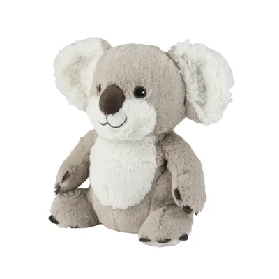 A plush koala toy is sitting and facing the camera against a white background.