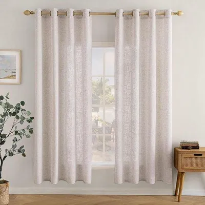 Productafbeelding van Gordijnen met Oogjes - Linnenlook Voile Gordijnen - Half-Transparant - Set van 2 - 140 x 145 cm - Wit - Modern Decoratief voor Woonkamer