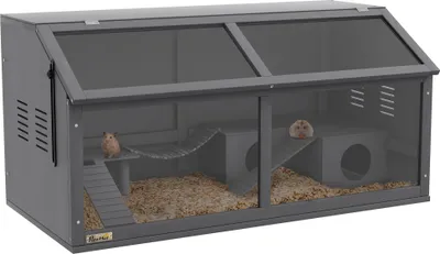 Produktbild von PawHut Hamsterkäfig aus holz, 100cm Nagerhaus, Kleintierstall, Spielhaus mit Hängebrücke, Leitern, zu öffnendes Dach, Hütte, Dunkelgrau