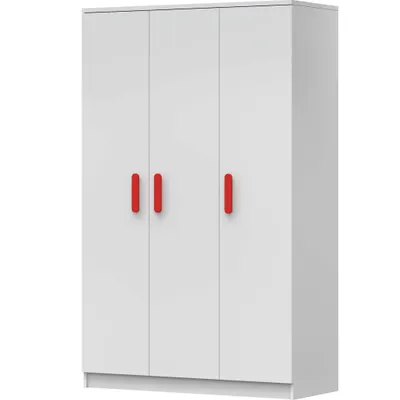 Produktbild von Kleiderschrank Drehtürenschrank Kinderkleiderschrank Schrank 120cm Weiß/Weiß mit roten Griffen - JONAS 19