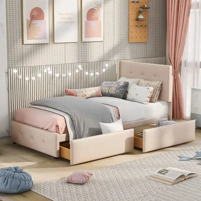 Produktbild von Merax Polsterbett 90x200cm mit höhenverstellbarem Kopfteil, Holzbett Einzelbett mit zwei Schubladen und Lattenrost, Samt Jugendbett Kinderbett, Dunkelbeige