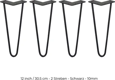 Image de SKISKI Legs  4 x 2 pieds en épingle à cheveux Pieds de table Pieds de chaise Pieds de meuble Pieds de table en épingle à cheveux 30,5 cm H 10 mm D Acier thermolaqué - Noir
