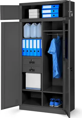 An open metal cabinet with various items stored inside, including binders, containers, clothing, and shoes.