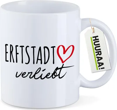 Produktbild von Huuraa Kaffeetasse Erftstadt verliebt 330ml Weiß Keramik Kaffeebecher Geschenkidee