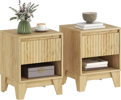 Image de HOMCOM Lot de 2 tables de chevet étroites, table d'appoint avec compartiment ouvert et 1 tiroir, panneaux cannelés pour chambre à coucher, salon, bois naturel