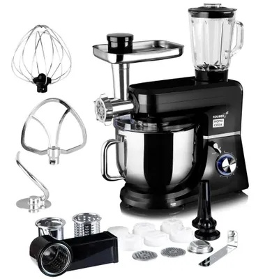 Produktbild von koliber ROBOMAX X-3500-W Küchenmaschine Schwarz, 8 L, 3500 W, Edelstahl Vollmetall, Fleischwolf, Mixer, Gemüsereibe, Knetmaschine, DOUBLEORBIT SYSTEM, LED-beleuchteter Drehregler blau, umfangreiches Zubehör