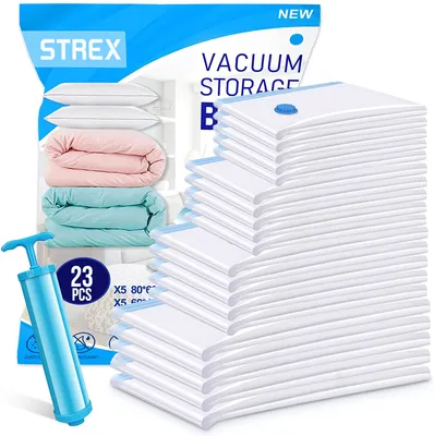 A product image showing a package of vacuum storage bags with a hand pump and examples of items that can be stored.