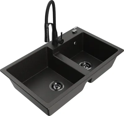 Produktbild von Mexen Tomas 2-Becken-Granitspüle mit Mischbatterie Aster, Schwarz/Gold metallisch - 6516-75-73450-70-B