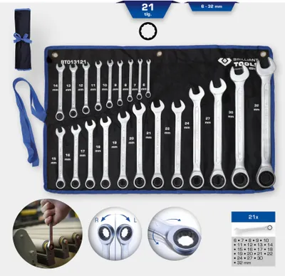 Zdjęcie produktu dla BRILLIANT TOOLS Zestaw kluczy oczkowych z grzechotką 21 szt. 6 - 32 mm - BT013121