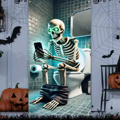 Produktbild von Halloween Türbanner Grusel Skelett Sensenmann Geist Horror Haustür Dekoration Wanddeko Hintergrund - Modell: Variante 15, Größe: 90 x 120 cm