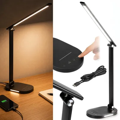 Obrázek produktu pro LED stolní lampa LUMILED, stmívatelná, 5 barevných teplot, dotykové ovládání, 360° nastavitelná, s časovačem, paměťovou funkcí, nabíjecí funkcí pro mobilní telefony, USB-C, 8 350 lumenů, černá