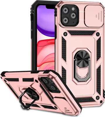 Image de Étui pour iPhone 11 Pro Max étui double couche avec couvercle coulissant pour appareil photo et anneau de support Rose