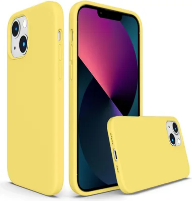 Three yellow iPhone cases are displayed against a white background. One case is shown from the side, another from the front with a phone inside, and a third from the back.