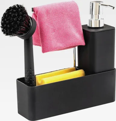 Produktbild von Spülbecken Organizer mit Soft-Touch Oberfläche für Küche & Bad, Spülutensilienhalter inkl. Seifenspender, Spülbürste mit Bürstenkopf und Spültuchhalter, mit Ersatzbürstenkopf und Pumpe, schwarz