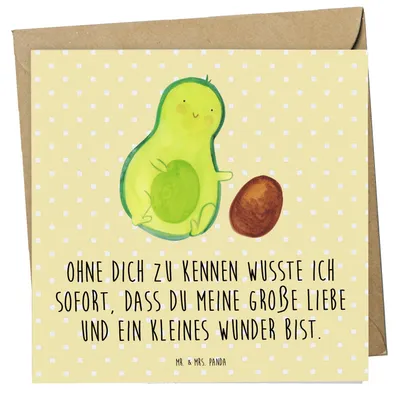Produktbild von Mr. & Mrs. Panda Grußkarte Avocado Kern rollt - Gelb Pastell - Geschenk, doppelkarte, Baby, Avocados, Gesund, Liebe, Geburt, faltkarte, anlasskarte, Glückwunschkarte