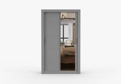 Produktbild von Kleiderschrank OLYO 120 cm Grau mit Spiegel, Schwebetürenschrank, Schlafzimmerschrank mit 5 Regalböden und 2 Kleiderstangen