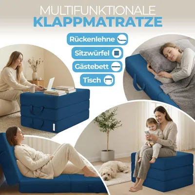Produktbild von ELONEO Klappmatratze, Gästematratze, 3-teilige Faltmatratze, Schaumstoff extra dick(15cm), Bandscheibenwürfel, klappbar, faltbare Matratze, (Blau)