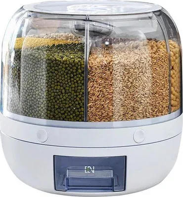 Immagine prodotto di Contenitore per alimenti, organizer a 6 scomparti, 6 kg, contenitore trasparente per cereali girevole a 360°, contenitore con chiusura ermetica per riso e fagioli