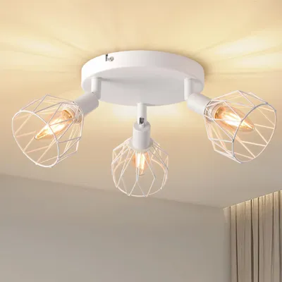 Immagine prodotto di ANWIO, plafoniera a 3 luci, lampada da soffitto vintage nera, attacco E14, orientabile. Plafoniera bianca con base rotonda. Plafoniera, lampada da soffitto a LED, lampada per soggiorno o cameretta (senza lampadine)