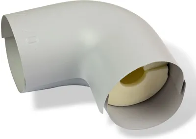 A close-up shot of a pipe insulation elbow fitting.