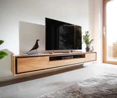 Produktbild von DELIFE Lowboard Stonegrace 240 cm Akazie Natur 2 Türen 1 Fach 2 Schubladen Steinfurnier schwebend
