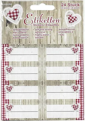 Produktbild von DOSEN-ZENTRALE Etiketten selbstklebend Holz/Herzdekor rot/weiß 24er Pack