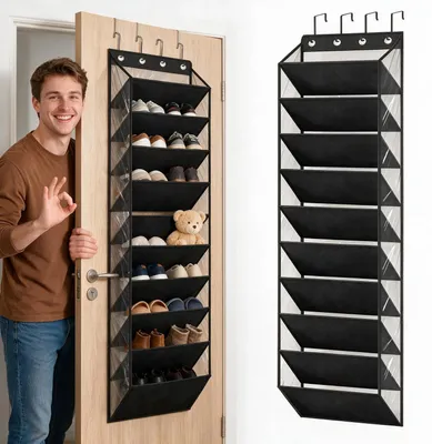 Zdjęcie produktu dla Organizer do butów na drzwi - wisząca półka na buty - 10 dużych siatkowych kieszeni - składana - nylonowa - czarna