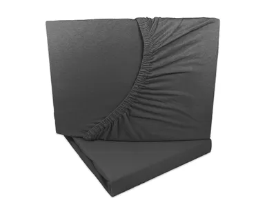Two dark gray fitted sheets are stacked on a white background. The top sheet is partially folded, revealing the elasticized edge.