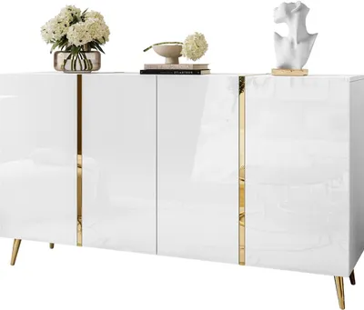 A white high-gloss sideboard with gold accents and legs, decorated with a vase of flowers and a bust sculpture.