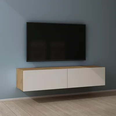Produktbild von Mai & Mai Fernsehschrank Verdeckter Griff mit Soft-Close Lowboard Hängeschrank für Wohnzimmer in Kerneiche + Matt Weiß BTH: 140x40,2x30 cm Fernsehschrank02