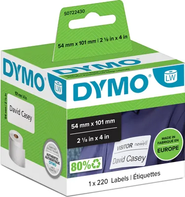 Produktbild von DYMO Orignal LabelWriter Versandetiketten/-Namensschilder weiß | 54 mm x 101 mm | Rolle mit 220 leicht ablösbaren Etikettenband | selbstklebendes Etikettenband | für LabelWriter Etikettendrucker
