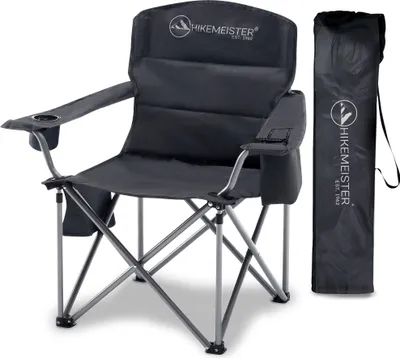 Produktbild von Hikemeister® XXL Campingstuhl, klappbarer Faltstuhl isolierten Getränkehaltern Angelstuhl mit Armlehnen Outdoorstuhl Grau Klappstuhl inkl. Tragetasche