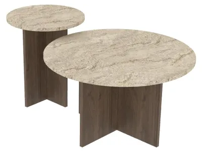 Produktbild von Skye Decor, Hochwertiges Kaffeetisch-Set (2 Teile), Travertin und Walnuss, Groß: 70 x 40 x 70 cm, Klein: 40 x 47 x 40 cm | 100% melaminbeschichtete Spanplatte | Modernes Design für stilvolle Wohnräume.