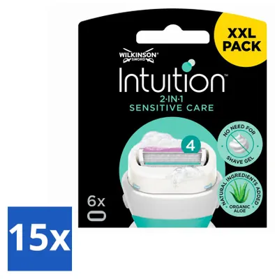 Imagen del producto de 15 hojas de repuesto para afeitadoras Wilkinson Intuition Sensitive Care, diseñadas para pieles sensibles. Paquete económico, 15 unidades
