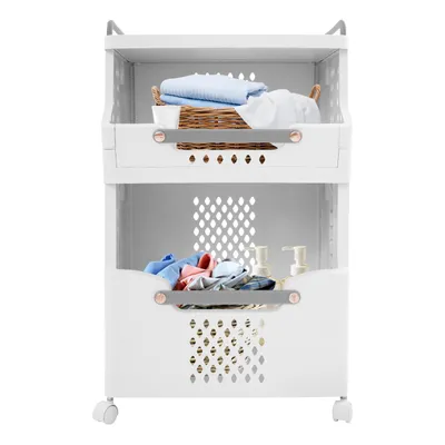 Produktbild von 2-Ebenen-Design Wäschekorb mit Rädern, Rollender Faltbarer Wäschekorb, Korb für Schmutzige Wäsche für Waschräume