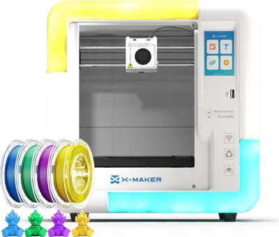 A 3D printer with spools of filament and small 3D printed figures in the foreground.