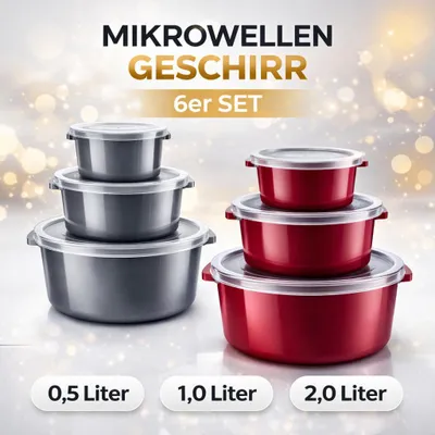 Produktbild von Mikrowellengeschirr 6er Set Mikrowellen Schalen Menüteller mit Deckel 0,5L/1L/2L