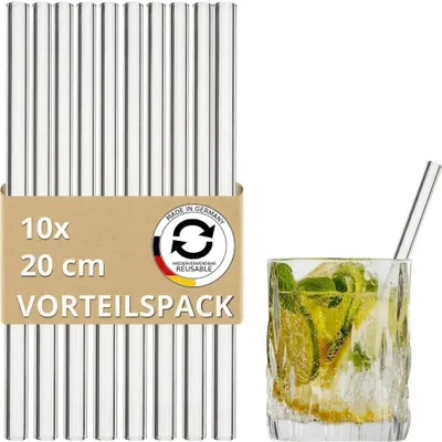 Obrázek produktu pro Skleněné brčka – 20 cm – 10 kusů – Opakovaně použitelné, průhledné brčka vyrobené ze speciálního skla – Ekologická a bez plastů, ideální pro koktejly, smoothies a džusy